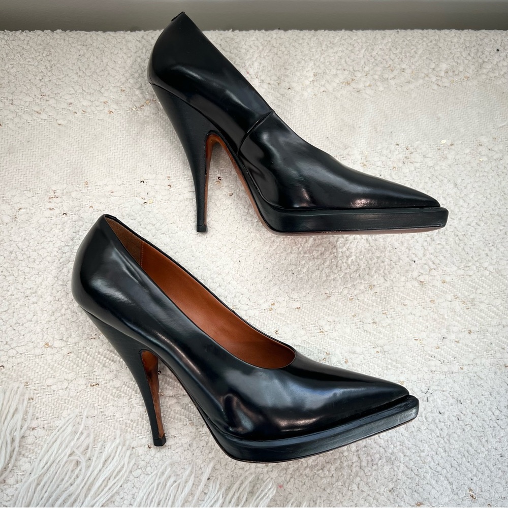 CELINE Heels Black Patent Leather Pointed Toe Platform High Heel Pumps 36.5/ 6.5 - Picture 3 of 15